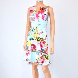DERHY Floral Flare Hem Stretch Shift Dress - Sz L